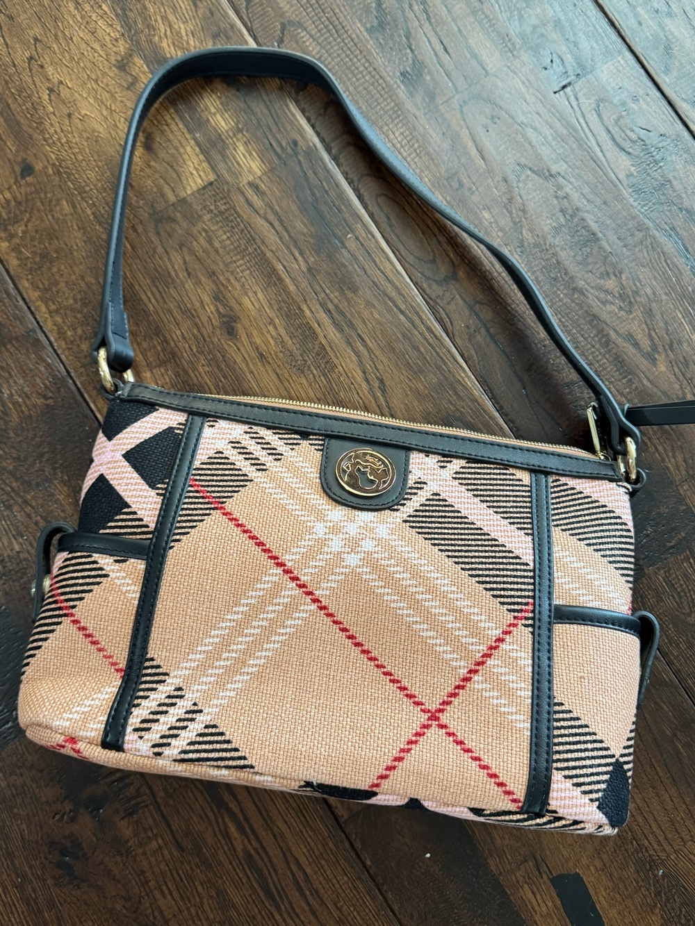 Spartina 449 Peach Black Plaid Shoulder Bag with Black Leather Trim - Picture 5 of 16